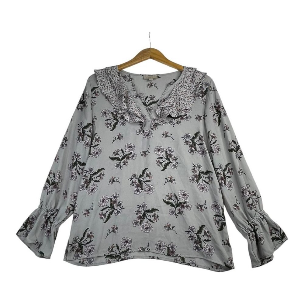 Loft Floral Print Long Sleeve Ruffe V-neck Blouse size Small Grey